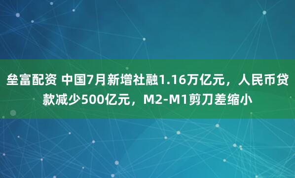 垒富配资 中国7月新增社融1.16万亿元，人民币贷款减少500亿元，M2-M1剪刀差缩小